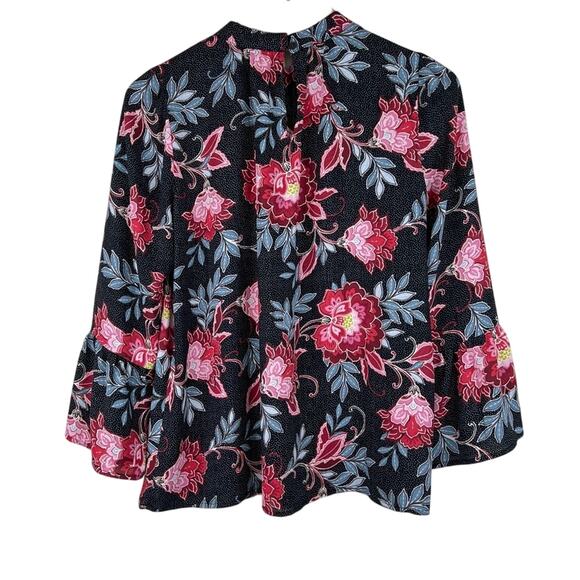 Loft Blouse XS NEW black red floral dotted high neck bell sleeve tropical beach - Picture 6 of 9